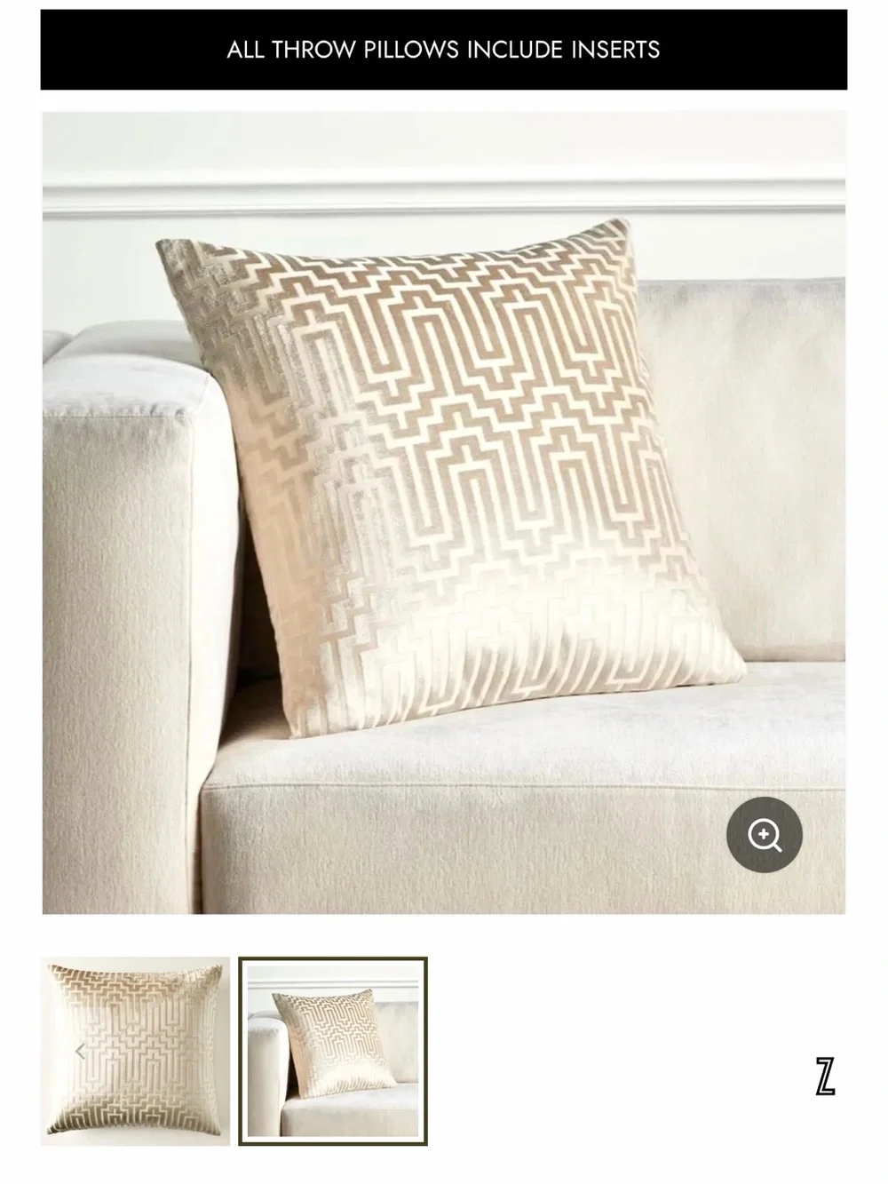 Z Gallerie Porter Pillow 24” Soft Gold Velvet Art Deco Pillow Cover